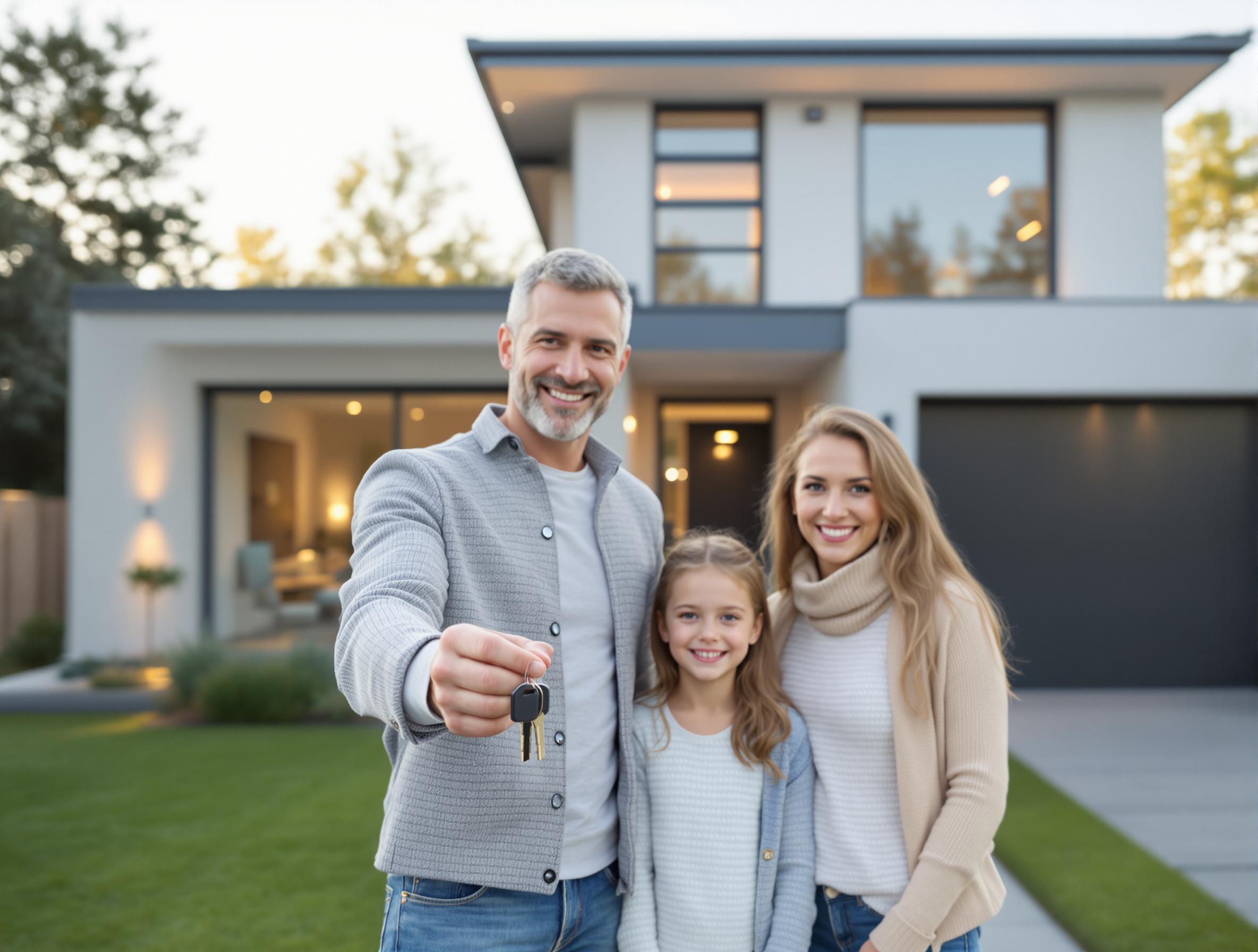 Famille heureuse devant leur nouvelle maison - Service de relogement d'urgence